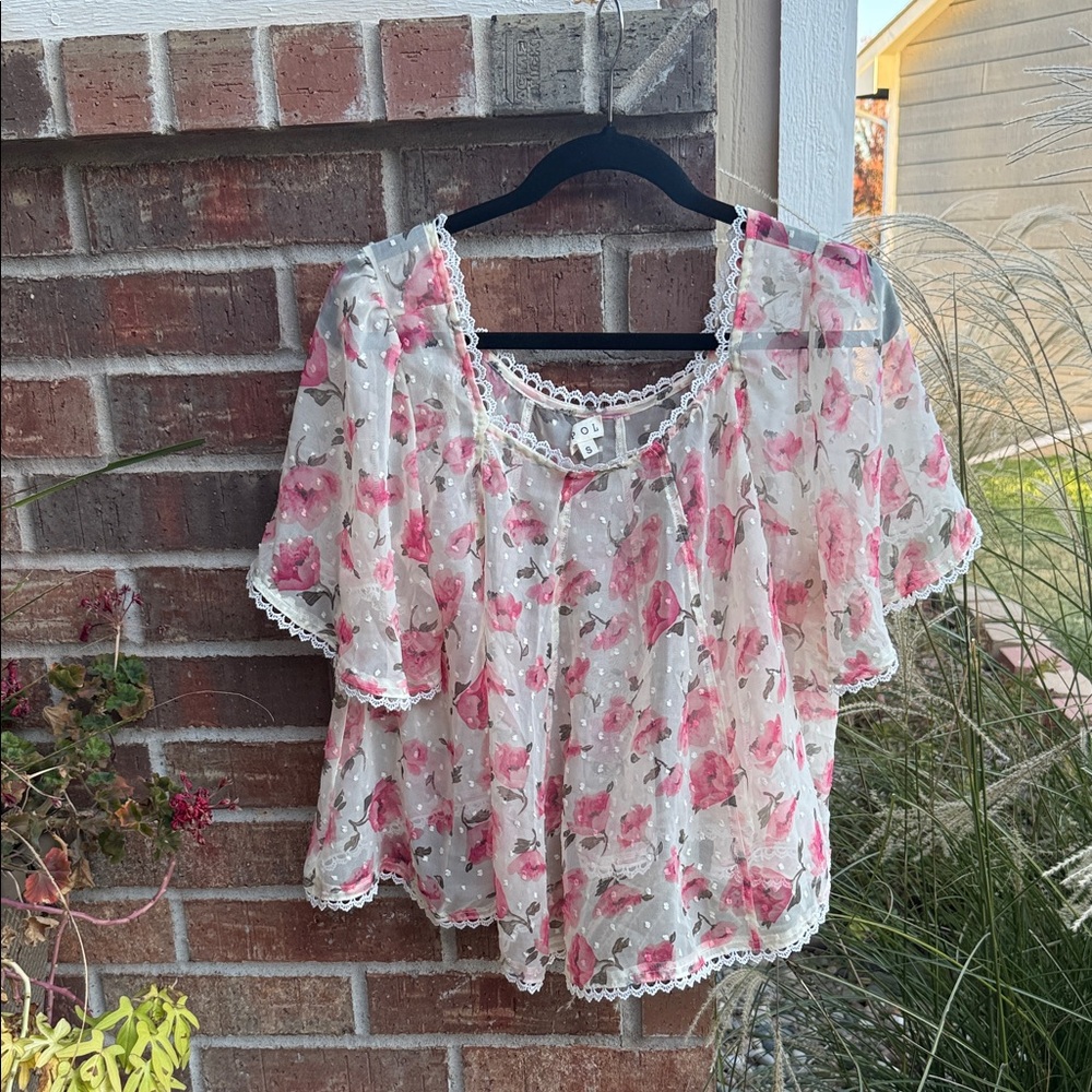 POL Ladies S Pink Floral Sheer Lace Blouse